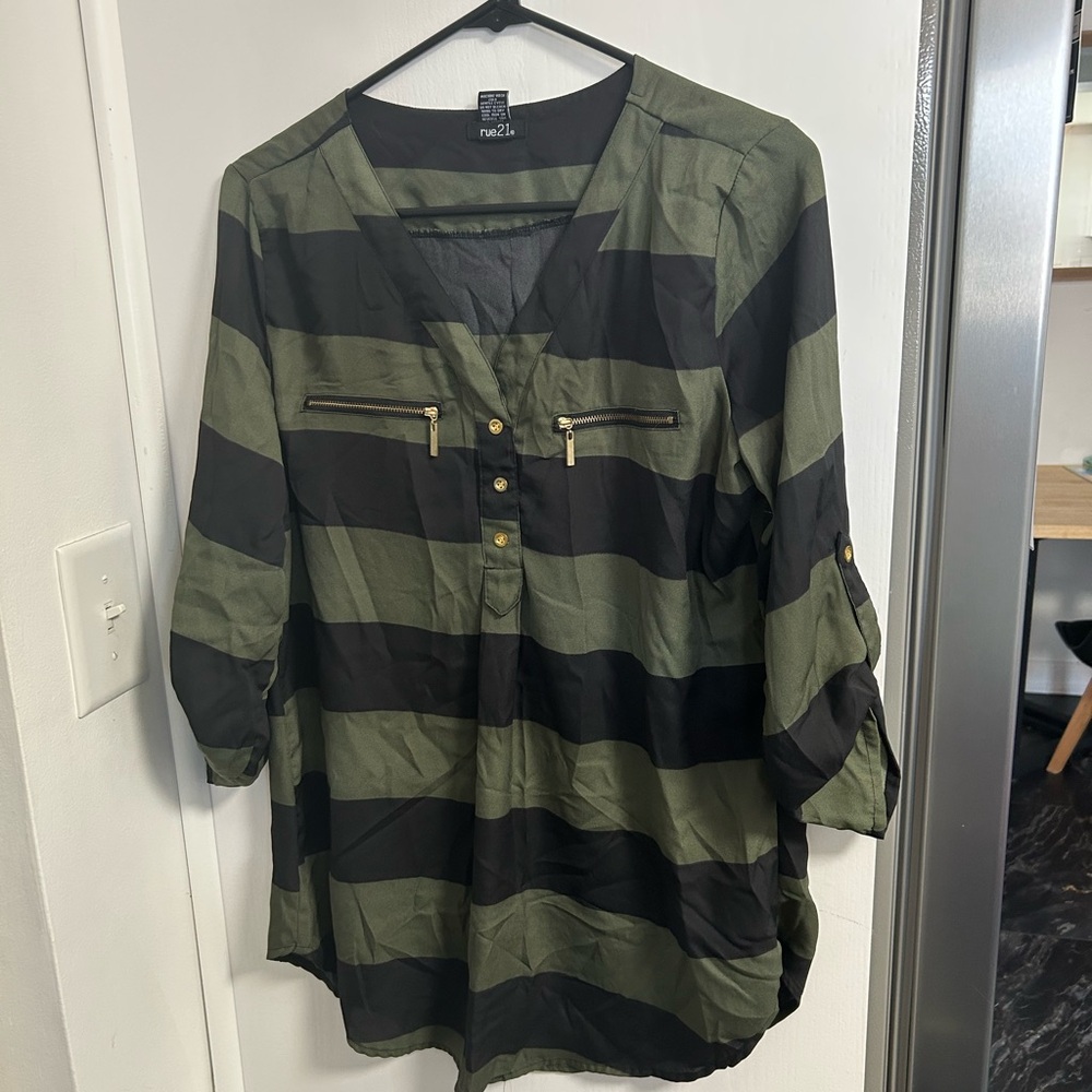 Rue21 Olive and Black Striped Blouse